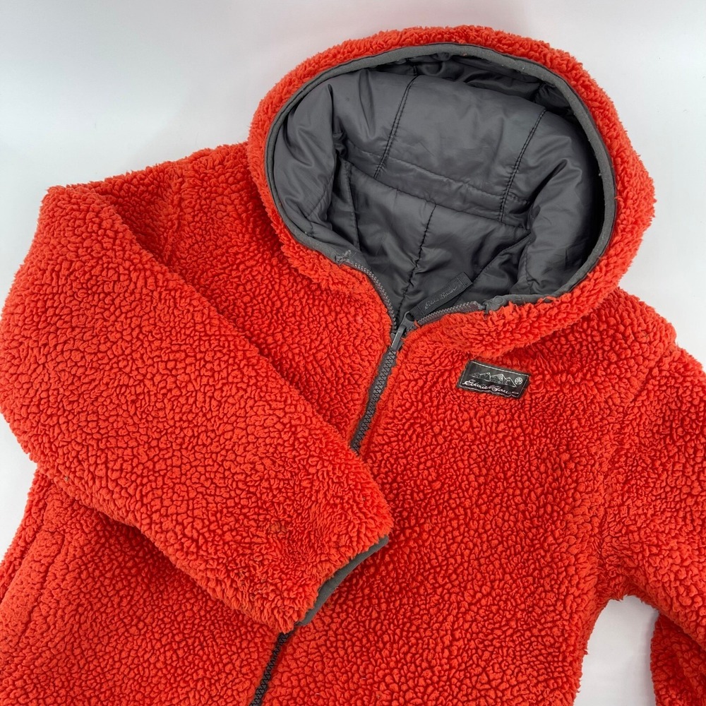 Eddie Bauer Reversible Fleece‎ Puffer Jacket Hooded Orange Gray Kids S
